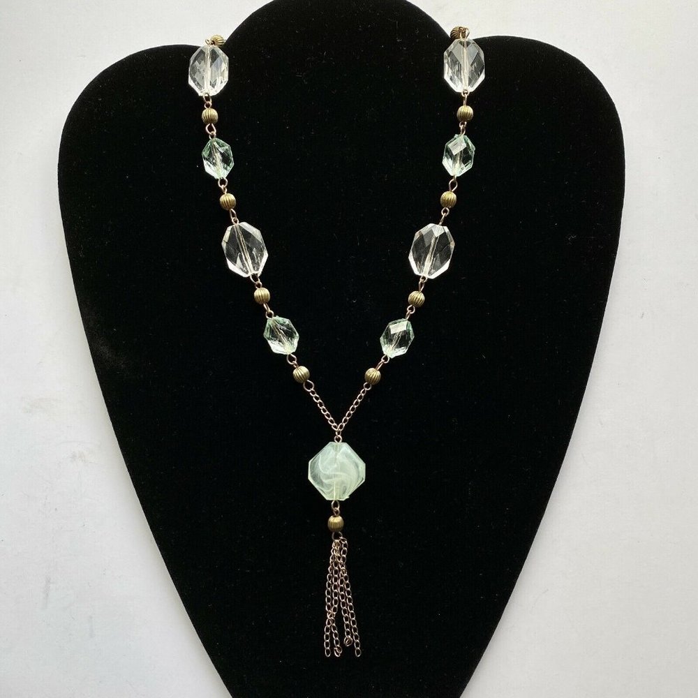 Mint Green & Clear Faceted Lucite Brass Tone Chain Tassel Pendant Necklace 21”